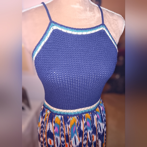 Xhiliration~Blue Crochet Tank Top Bohemian Colorful Aztec Maxi Dress - Picture 11 of 14